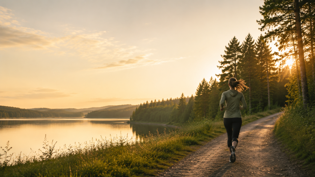 Jooks on lahe avalehe kaanepilt- jooksja päikeseloojangul metsas
